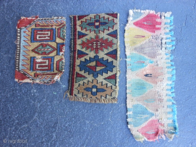 Three 19th century Fragments: Soumac, 6" x 7" (.15 x .18), Kuba border 5" x 10" (.13 x .25), Turkish Kilim, 5" x 12" (.13 x .31), fragments were washed, plus shipping. 