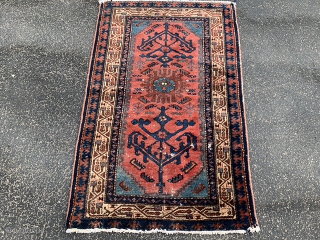 Persian Hamadan, early 20th century, 2-9 x 4-2 (84 x 127), rug was hand washed, wear, minor end loss, decent pile, interesting design, high definition pics available, plus shipping.    