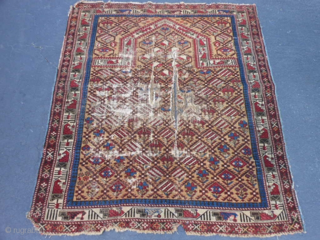 Caucasian Marasali Shirvan Prayer, late 19th century, 4-1 x 4-9 (1.24 x 1.45), end loss, holes, worn, not hard, no rot, rug was washed, plus shipping.       