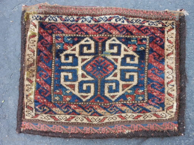 Persian Baluch Chanteh Bag, late 19th century, 1-0 x 1-3 (.31 x .38), blacks and browns oxidized, plain weave back, wear, stain, old repair, rug was washed, plus shipping.    