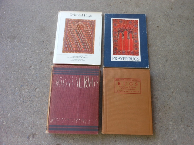 4 Oriental Rug Books:

Prayer Rugs Textile Museum, 1974, soft cover, good condition.

Oriental Rugs Smithsonian Cooper-Hewitt, 1979, hard cover, dust jacket, good condition.

Oriental rugs, Mumford, 1902, hard cover, fair condition.

Oriental Rugs, Holt, 1927,  ...