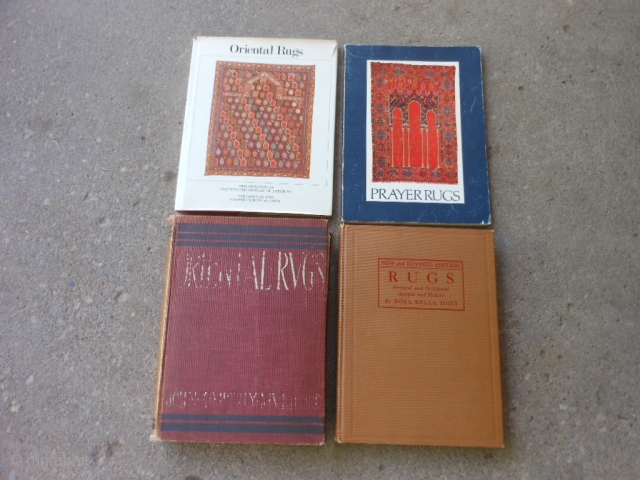 4 Oriental Rug Books:

Prayer Rugs Textile Museum, 1974, soft cover, good condition.

Oriental Rugs Smithsonian Cooper-Hewitt, 1979, hard cover, dust jacket, good condition.

Oriental rugs, Mumford, 1902, hard cover, fair condition.

Oriental Rugs, Holt, 1927,  ...