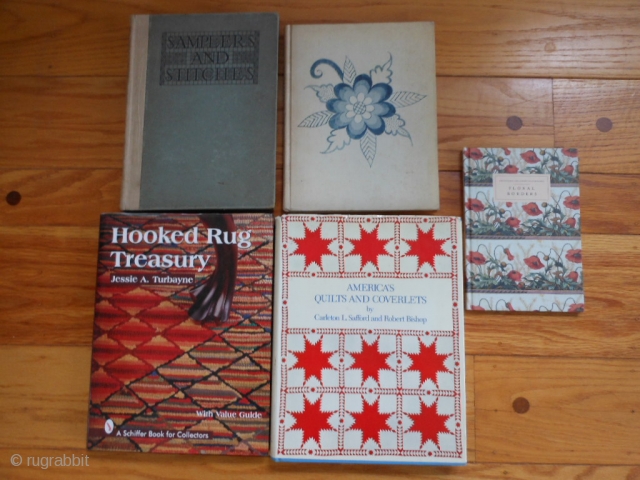5 Books Americana Rugs, Quilts, and Stitching: 
Hooked Rug Treasury, Jessie Turbayne, 1997, hard cover, dust jacket, very good condition.

Americas Quilts and Coverlets, Saffard Bishop, 1972, hard cover, dust jacket, good condition.

Floral  ...
