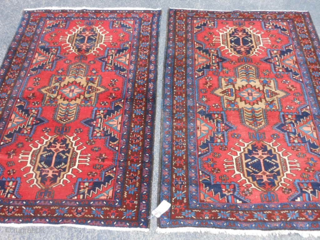 Persian Karaja's Pair, 3-6 x 5, 3-5 x 4-11 (1.07 x 1.52, 1.04 x 1.50), circa 1910, very good condition, good pile, no repairs, original edges, original ends with fringe, fine weave,  ...