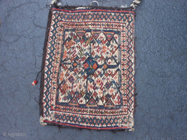Persian Bakhtiar Soumac bag, late 19th century, 1-0 x 1-4 (.31 x .41), weft wrapping both sides, slight wear, white is cotton, rug is clean, good colors, plus shipping.    