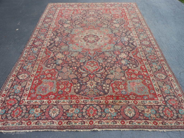Persian Tabriz, early 20th century, 7-6 x 11-0 (2.29 x 3.35), rug has been washed, no hard spots or rot or smells, minor end loss one end, wear, 2" hole, red dye  ...