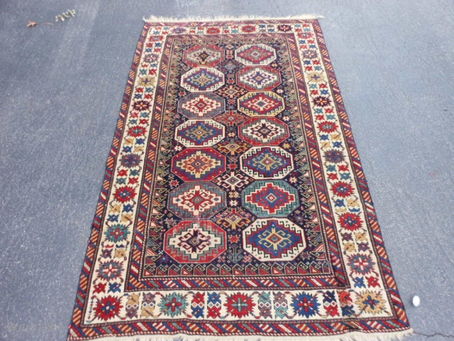 Caucasian Kuba/Shirvan, late 19th century, 3-11 x 6-2 (1.19 x 1.88), Moghan design, rug was hand washed, original ends, saturated colors, super green and purple, good pile, missing outer minor guard border  ...