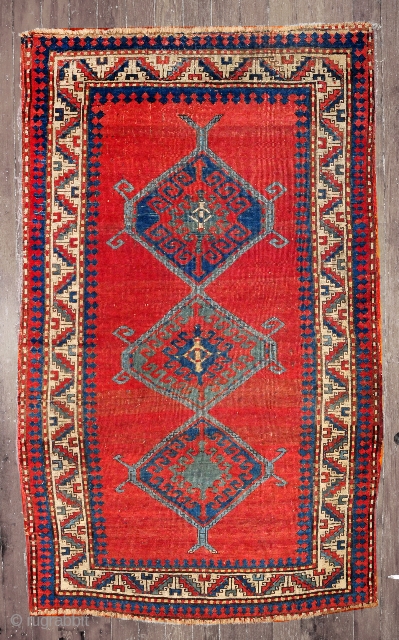 Caucasian Kazak,  3-5 x 5-7 (1.04 x 1.70),  late 19th century,  even wear,  missing part of candy cane border on both ends,  both ends overcast, this rug  ...