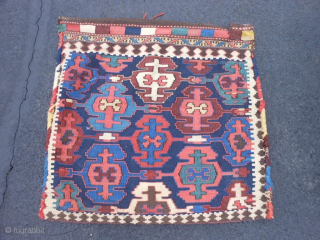 Persian Veramin Kilim bag, late 19th century, 2-2 x 2-2 (.66 x .66), good condition, slit tapestry weave, needs wash, interesting striped back, last pic notice striped back was shorten about 2  ...