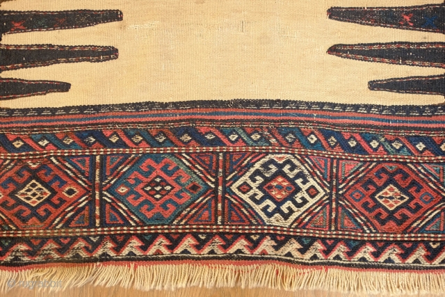 Kordi Sofreh Kilim, Late 19th century. Camel wool field. Wonderful colors on the ends.  Note the areas of wear.  73 x 193 cm        