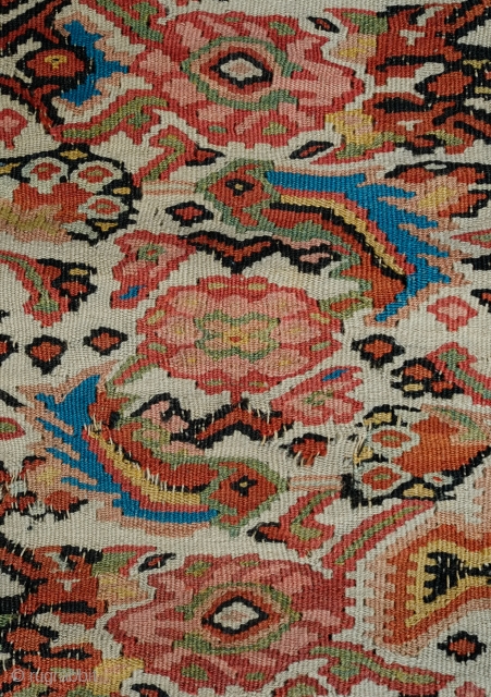 Senneh Kilim.  19th Century.  Wonderful mahi/Herati/fish designs throughout. Some duck head green in the central medallion.  Subtle colors.  Very poised composition.  The top left corner is a  ...