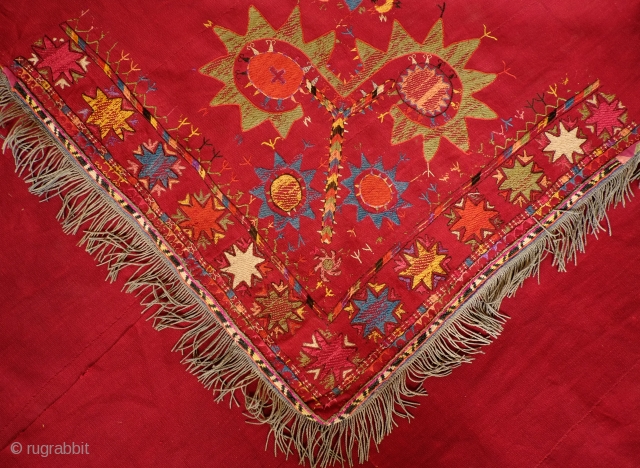 Kungrat Bugzhoma/Bohcha, Late 19th Century/1900.  Used to wrap up clothing in the round yurt or mudbrick dwelling. Beautiful rich crimson red seven-panel ground weave joined together.  Silk embroidery in vibrant  ...