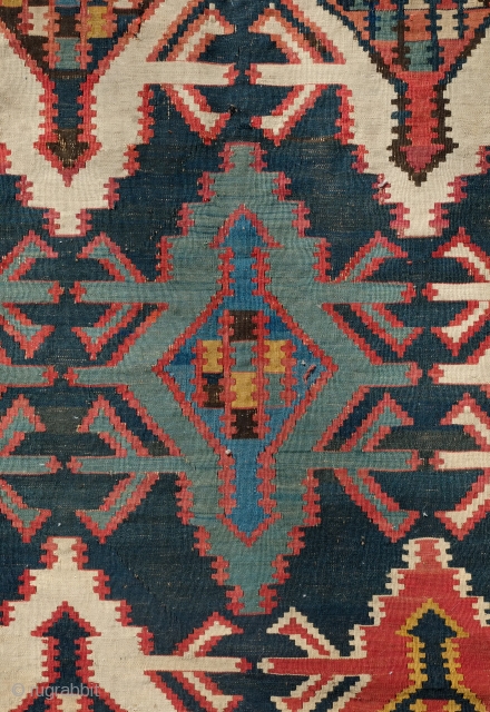 Kuba Kilim, 19th Century. Wafer thin weave.  Wonderful white border which provides a striking and elegant frame.  Deep saturated indigo ground.  In very good condition except for a few  ...