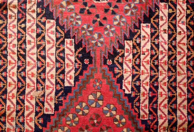 Khamseh-Qashqa'i Rug, 19th Century.  Kashmir shawl ground design with varying color schemes between the end sections and the center area with triple medallions. Selvedges mostly in tact with worn areas and  ...