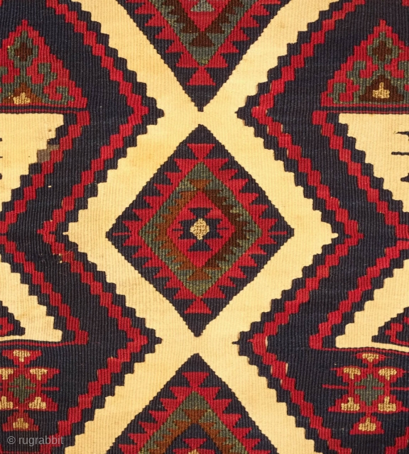 Malatya Kilim, 19th century.  Fine weave.  All good colors. Some metallic thread in the center of the hooked medallions.  Some cochineal in a beautiful rich hue.  Some damage  ...