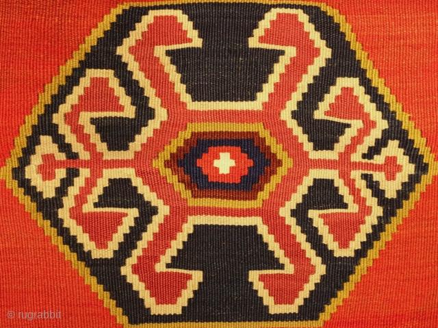 Qashqa'i kilim, late 19th century.  Great colors. Tight, fine weave.  Some damage as shown in the final image.  174 x 253 cm        
