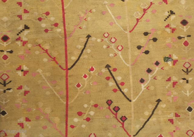 Balkan kilim, possibly Sharkoy, mid to 3rd quarter of the 19th century. Two trees of life in artfully evocative, spindly drawing.  The ground color is a soft green hue and the  ...