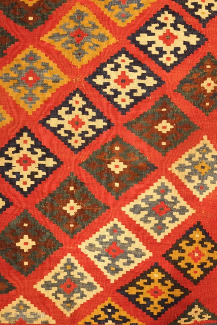 Qashqa'i Kilim, 19th century, possibly 3rd quarter.  Good colors.  Some holes as seen in the last few images.  The colors are mellowed and the serrated border is wonderfully framed  ...