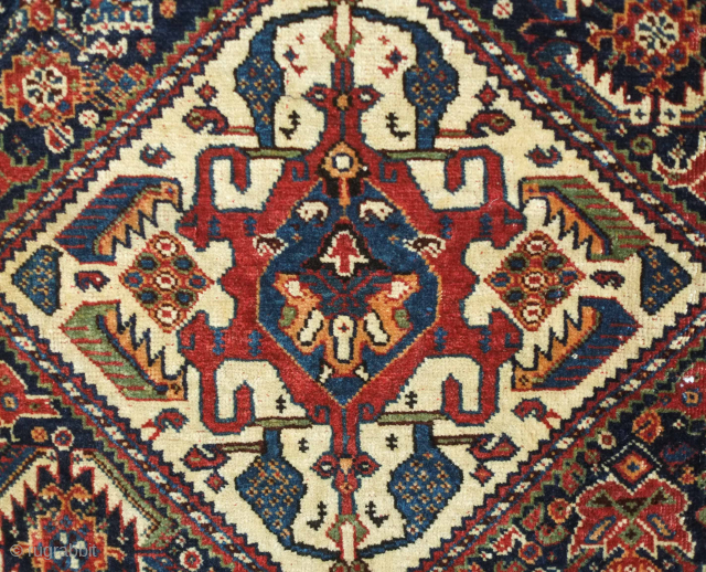 Kashkuli, Qashqa'i Khorjin, Mid-19th century. Excellent, fine weave. Fantastic colors. A couple areas of damage shown in the images. Bag face 64 x 57 cm, full length 107 cm. Contact danauger@tribalgardenrugs.com  