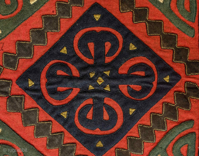 Ersari Broad cloth Applique Asmalyk, 4th quarter of the 19th Century. Wool felt applique. Wonderful graphic. Saturated green, deep indigo, red, brown and cotton gauze highlights in yellow. It is backed with ...