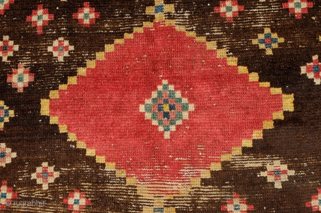 Gabbeh rug, 3rd quarter of the 19th century, Possibly older.  Fantastic design and colors. Worn but mostly there.  A small blue stain in the white diamond.  129 x 185  ...