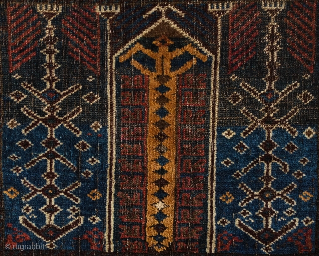 Baluch Se Mihrab Rug, Herat area, 19th century. Good age and design. Camel wool all around.  Kilim ends in good shape.  Some sections of lower pile in the mihrab area  ...