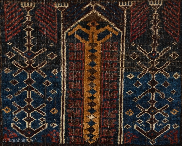 Baluch Se Mihrab Rug, Herat area, 19th century. Good age and design. Camel wool all around.  Kilim ends in good shape.  Some sections of lower pile in the mihrab area  ...