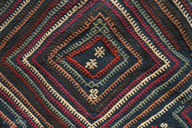 Marash jijim clothing bag. 19th century.  This ethnographic bag has a deep indigo ground and seven colors in the jijim work. These were used to store valuable clothing items. Wonderful colors  ...