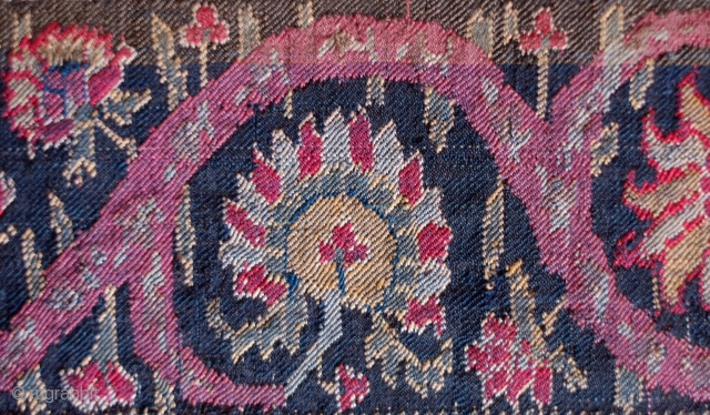 Kashmir Long Shawl Fragment, Early 19th Century. Woven in one long piece. Wide bands of elegant scrolling floral vines. It has a couple of areas of darning.  A wonderful example and  ...