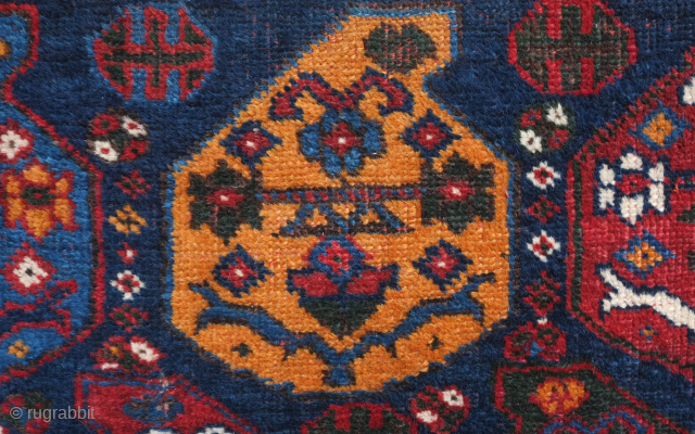 Afshar bag face, 19th century. Beautiful rich saturated colors including a deep green, a salmon red, a deep indigo blue, and mustardish yellow forming large, confident botehs. 66 x 36 cm, danauger@tribalgardenrugs.com 