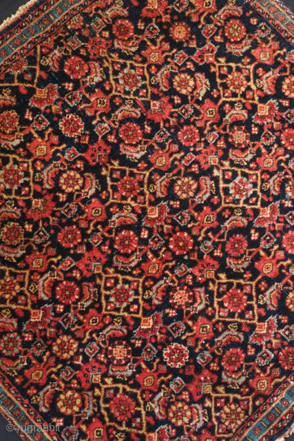 Bidjar mat, 19th century.  Five or six colors with a beautiful thin lighter blue border.  Afshan-like design scheme with Heratis and round floral motifs. Good condition. 65 x 63 cm,  ...