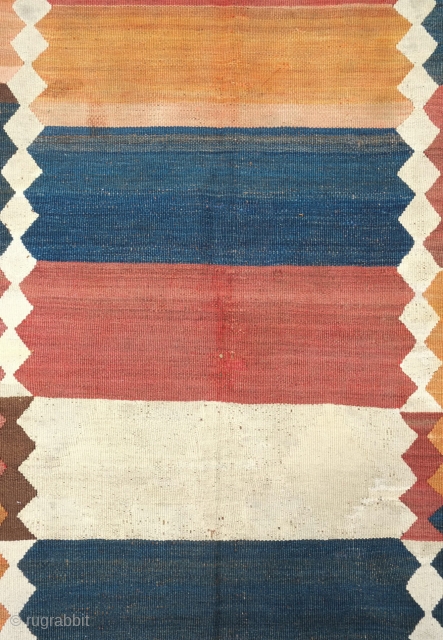 Tajik Arab Kilim, Late 19th century. Wonderful colors and design solid blocks of alternating color separated by continuous diamond borders. Sturdy construction in all wool with dark wool warps. There are a  ...