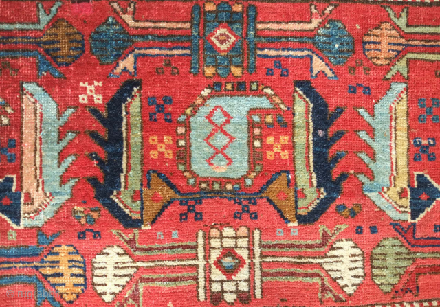 Heriz-Karadagh mafrash panel, 19th century. Excellent colors. Serrated leaf or mahi motifs flanking botehs. a small repair on the top right corner and the very top band is missing but still has  ...