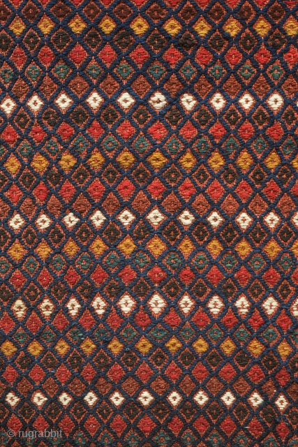 Kerman area Shiraki Palas, Khamseh, 19th Century. Fantastic deep indigo blue in the ground area. A dazzling variety of colors like a bed of jewels. Woven in two parts. In very good  ...