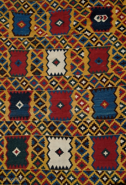 Qashaqa'i yellow ground kilim, Late 19th/Early 20th Century.  Fabulous saturated natural colors.  A stunning piece.  160 x 258 cm.           