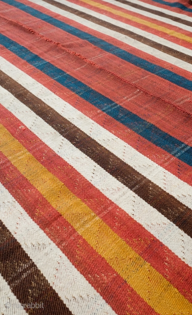 Qashqa'i Mowj, Late 19th Century. All good colors. Small tufts of wool decorating the field. Wonderful twill weave. A small repair in one of the brown stripes as seen in the 5th  ...