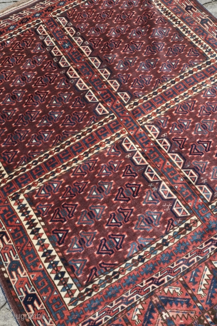 Yomut engsi, 19th century. Excellent condition with full pile.  Nice elems and particularly striking are the zoomorphic motifs in the cross hatch borders.  145 x 178 cm. Contact danauger@tribalgardenrugs.com  
