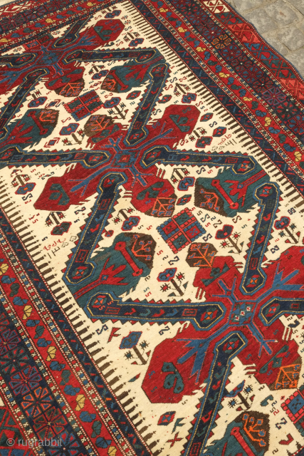 Zeikhur/Seichur rug dated to 1885.  The white ground makes for a wonderful foil for the large main motifs. Exceptional condition for it's age.  137 x 188 cm.  Contact danauger@tribalgardenrugs.com 