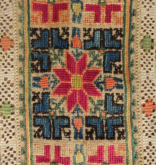 Greek Mainland Embroidery, 3rd-4th Quarter of the 19th Century.  Excellent cross stitch embroidery with large carnation-type floral motifs and two strips of trees of life or repeat pomegranate vines.  A  ...