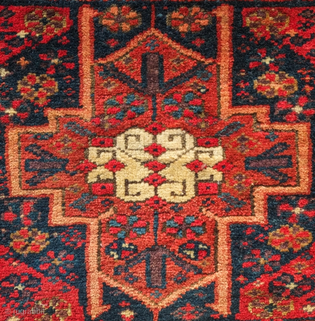 Lori saddle bag face, 19th century. At least eight colors including a deep purple and pastel green.  The outermost border is missing.  40 x 47 cm. Contact danauger@tribalgardenrugs.com   