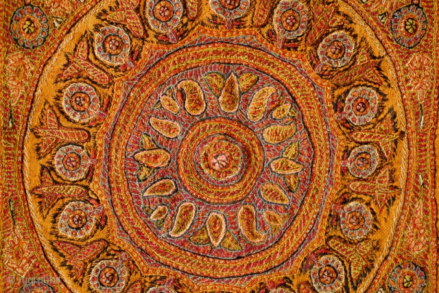 Kerman embroidery, 19th Century.  Apricot wool ground cloth.  Intricate workmanship.  90 x 90 cm.                