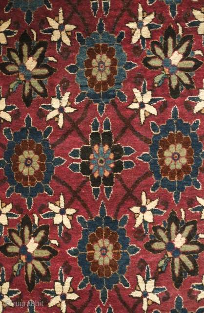 Veramin Runner, 1920s. Wonderful deep rich purple-red ground and overall Mina Khani-like floral pattern.  The pile is thick.  There is one small section of repair on the right side excellently  ...