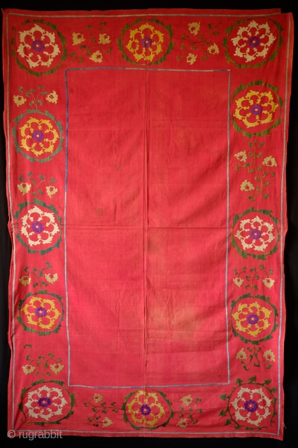 Samarkand Double-sided Suzani, 1920s or so.  The embroidery work is fine, tight and compact is remarkable for being stitched on both sides of the red fine cotton ground cloth.  Great  ...