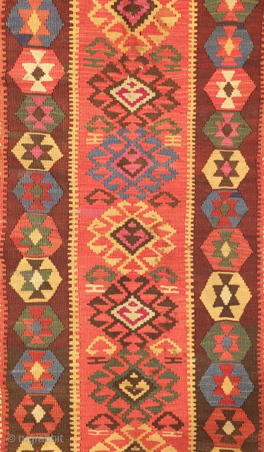 Gumusane or Kagizman kilim, late 19th century.  Wonderful colors on this tribal kilim.  A couple of light stains but do not detract from the overall piece.  128 x 288  ...