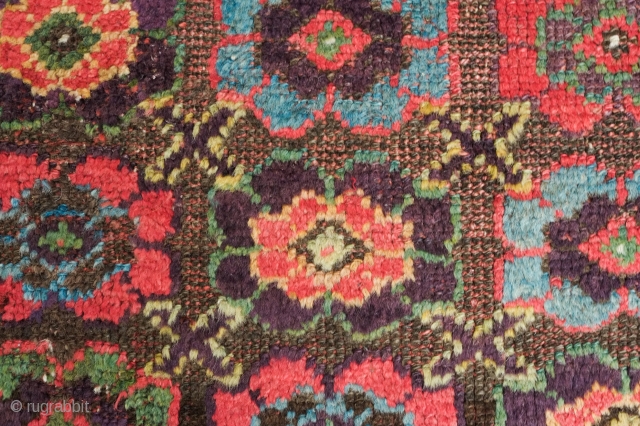 Sauj Bulak, Mid- to late 19th Century, Mina Khani design.  A dazzling blitz of colors.  Saturated greens, purples and yellow testifying to a tribal love of color.  Corroded brown  ...