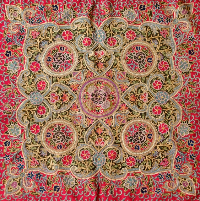 Rasht Embroidery, Early 20th Century. Silk embroidery on wool broadcloth.  Excellent workmanship.  It has two very small holes.  163 x 163 cm.        