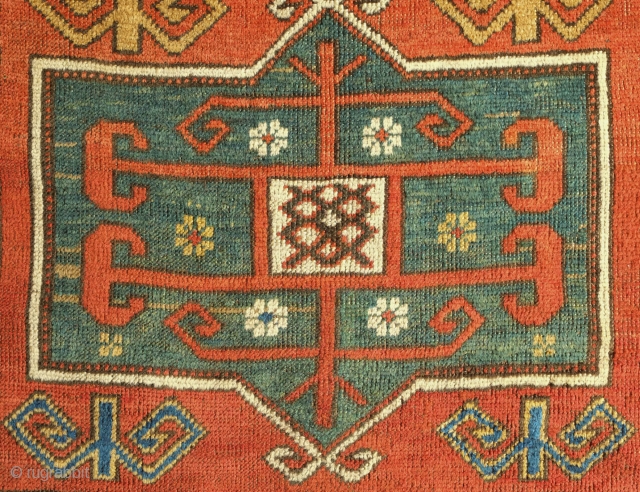 Genje or Karabagh Rug, End of 19th Century. Fantastic juxtaposed floral border reminiscent of Seljuk motifs.  All good colors.  Excellent size.  Very well done repairs on the bottom section  ...