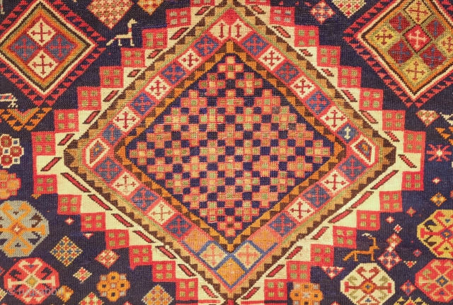 Shirvan Rug of serrated-edged hexagon column type, 1890s to 1900 or so.  Wonderful array of sharp colors.  A classical Caucasian rug.  130 x 263 cm     