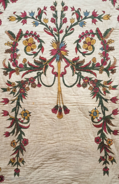 Istanbul Kandilli Blockprint and Painted Quilt.  Early 20th century.  Many of the design elements are painted in and demonstrate exceptional craftsmanship.  Pieces of this quality are rare.  Exceptional  ...