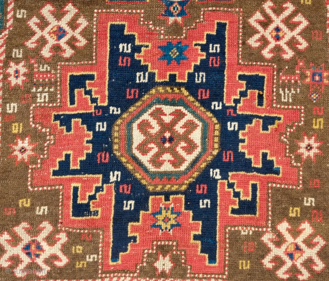 Lesghi Star Caucasian rug, 19th century.  An excellent example of the type with a striking "crab" border.  122 x 202 cm.  Contact danauger@tribalgardenrugs.com       